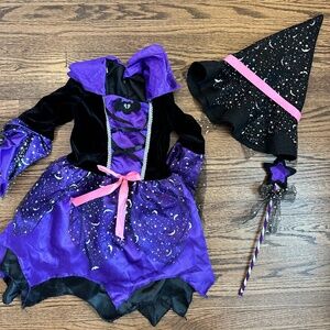 Witch costume toddler 3t 4t purple black hat dress wand
